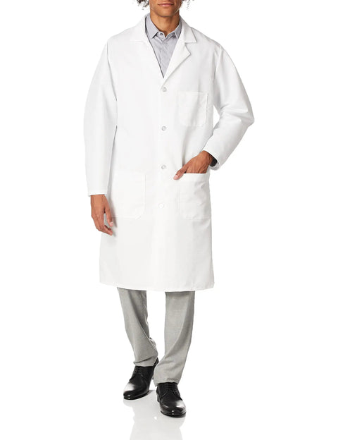 Exterior Pocket Lab Coat for Men in White Medium, Lightweight 5 oz Performance Poplin, shown with chest and lower pockets.
