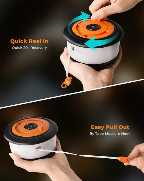 Hands using retractable 32.8 feet RGB camping string lights with rechargeable LED fairy lights, showing easy reel and pull features.