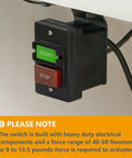 Dual Voltage Paddle On/Off Switch 120/230V mounted, highlighting heavy duty start/stop buttons for woodworking machines.