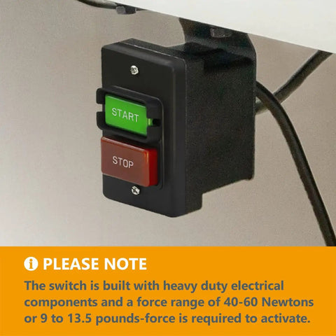 Dual Voltage Paddle On/Off Switch 120/230V mounted, highlighting heavy duty start/stop buttons for woodworking machines.