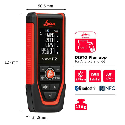 Disto D2R Laser Distance Meter With 490 Ft Range Bluetooth 4.2 NFC Data Transfer To Disto Plan App Smart Horizontal Add Subtract Volume 30 Memory 4 Line Display Intelligent End Piece IP54 Indoor Use Go To Workhorse, black and red laser meter, 127 x 50.5 x 24.5 mm