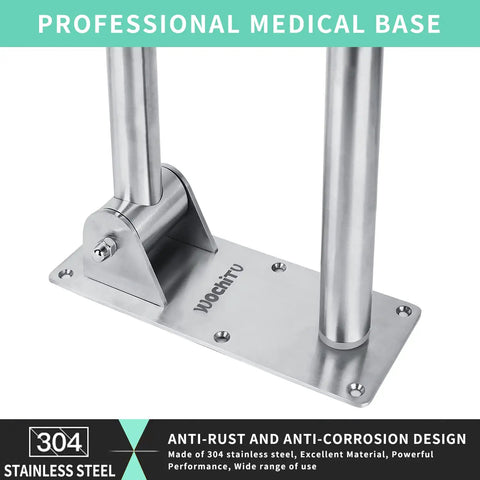 Stainless Steel 29.5 Inch Toilet Safety Rails With Flip Up Grab Bar And Paper Holder, Handicap Bath Handrails close-up of base