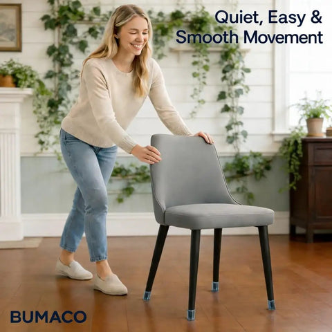 Woman sliding chair with 20 Pack Chair Leg Floor Protectors Silicone Pads For Hardwood Floors Clear Universal Fit For Round And Square Chair Legs 1.31 Inches To 2 Inches Durable Floor Saver Cushioned Pads