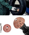 Badass 38mm Tire Buffer Wheel For Auto Grinder Tool With Coarse Grit Tungsten Alloy Grinding Head And Patch Roller in use on tire.