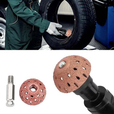 Badass 38mm Tire Buffer Wheel For Auto Grinder Tool With Coarse Grit Tungsten Alloy Grinding Head And Patch Roller in use on tire.