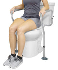Toilet Safety Rail For Seniors And Disabled With Adjustable Grab Bar And Arms Sit To Stand Aid attached to toilet