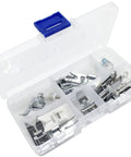13-piece presser feet set for household sewing machines in clear plastic case with metal feet