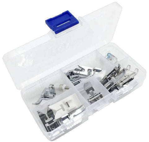13-piece presser feet set for household sewing machines in clear plastic case with metal feet