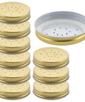 Ten Pack Metal Bee Entrance Feeders 2.87 Inch For Beehives shown with perforated lids, durable water feeder lids for beekeeping supplies.