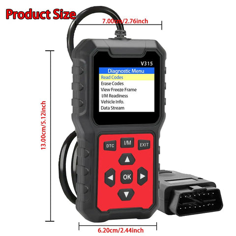 OBD2 Car Diagnostic Scanner With Full Read And Clear Codes, Engine Light Reset, and size dimensions shown
