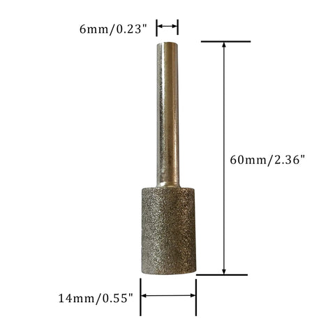 Pro Grade 14mm Diamond Grinding Bits Cylinder Head One Quarter Inch Shank 120 Grit Diamond Coated Burr Mounted Point side view