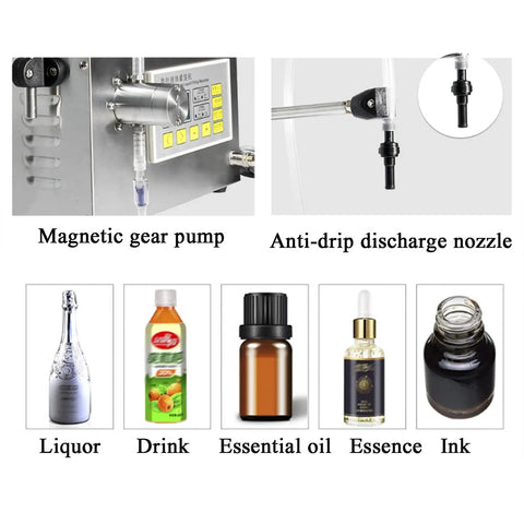 Semi Automatic Liquid Filling Machine With Stainless Steel Peristaltic Pump And Digital LCD Screen For Bottles Beer Wine Vinegar Milk Perfume featuring magnetic gear pump and anti-drip nozzle for precise filling.