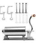 3L Manual Sausage Stuffer In Stainless Steel, Horizontal Meat Filling Machine for home kitchen, side view with accessories