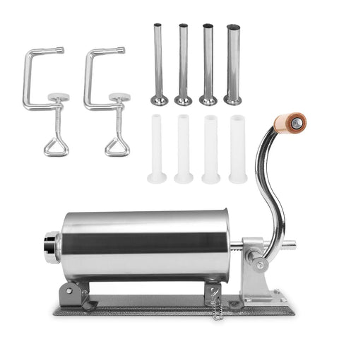 3L Manual Sausage Stuffer In Stainless Steel, Horizontal Meat Filling Machine for home kitchen, side view with accessories