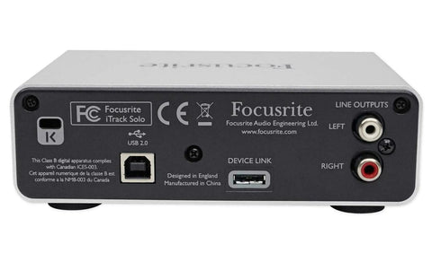 Back view of USB Audio Interface for Mac, PC, and iPad With XLR Mic Preamps, 48V Phantom Power, Guitar Input showing ports
