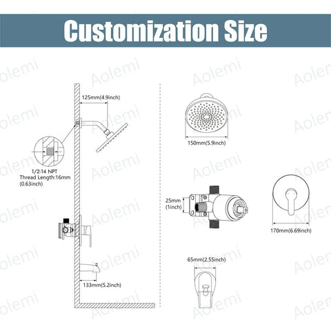 Tub Shower Faucet Set With Valve And Wall Mount Trim Kit For 6 Inch Tub Fixtures, size and installation diagram