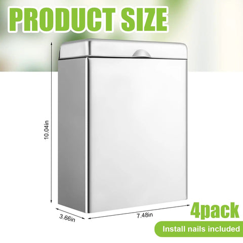 Four Pack Wall Mounted Sanitary Napkin Receptacle Stainless Steel Tampon Disposal Bins For Home Office And Public Restrooms Bathroom Natural Color With Stain Resistant Finish For Easy Cleaning And Hygienic Restroom Use. Front view of rectangular stainless steel bin with lid, dimensions labeled at 10.04in by 7.48in.