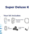 Super Deluxe KQ8 filter kit components with shutoff valve, 15 ft water line, and mounting hardware.