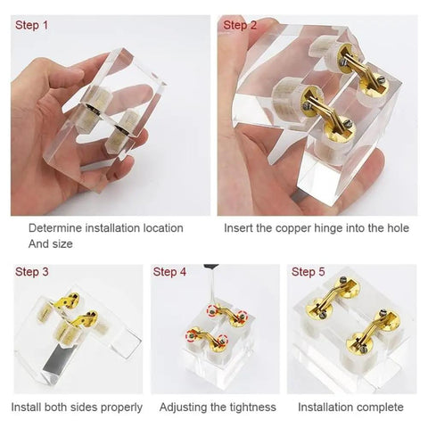 Installation steps of Hidden Brass Hinges 8 Pack 10mm Concealed Hinges With 180 Degree Opening for DIY projects.