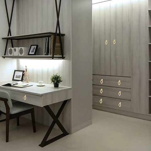Room photo showing set of 6 gold color bronze alloy cabinet knobs with 4 leaf clover design 50mm drawer pulls for cupboards.