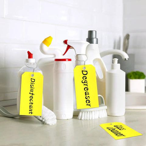 100 Pack Rugged Writable Plastic Tags With Secure Wire Ties, Heavy Duty Waterproof Labels For Outdoor Tools Garage Moving Pipes, Bright Yellow Surface No Sweat Marker Writing System on cleaning products.
