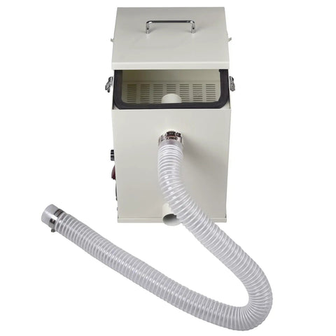 Badass Lab Dust Collector 1000W Knockout Suction Vacuum For Workshops And Dental Labs with clear hose attached, top view.