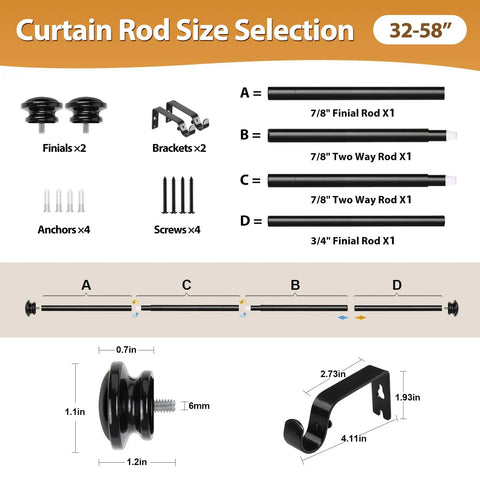 Telescoping Curtain Rod Adjustable From 32 To 58 Inches And 20 To 53 Inches Splicing Design Three Quarters Inch Drapery Rod In Black With Small Cap Finial components