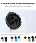 Clip On 67mm Variable ND2 32 Magnetic Phone Lens Filter Kit on iPhone, showing compatibility with various iPhone models.