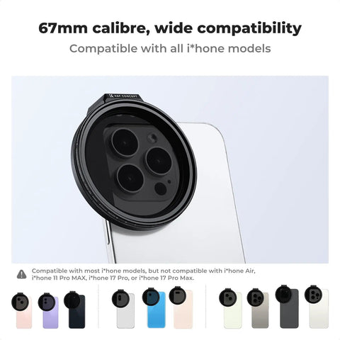 Clip On 67mm Variable ND2 32 Magnetic Phone Lens Filter Kit on iPhone, showing compatibility with various iPhone models.