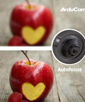 Comparison of autofocus on a camera module, highlighting sharp focus on an apple with a heart shape, from Arducam.