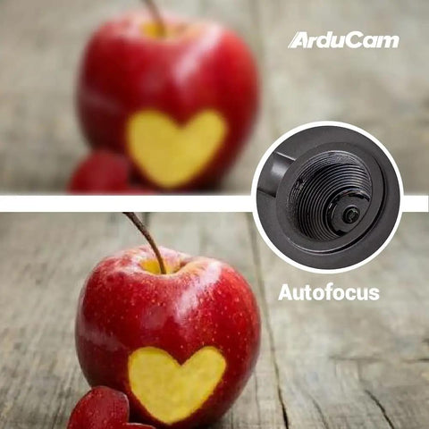 Comparison of autofocus on a camera module, highlighting sharp focus on an apple with a heart shape, from Arducam.