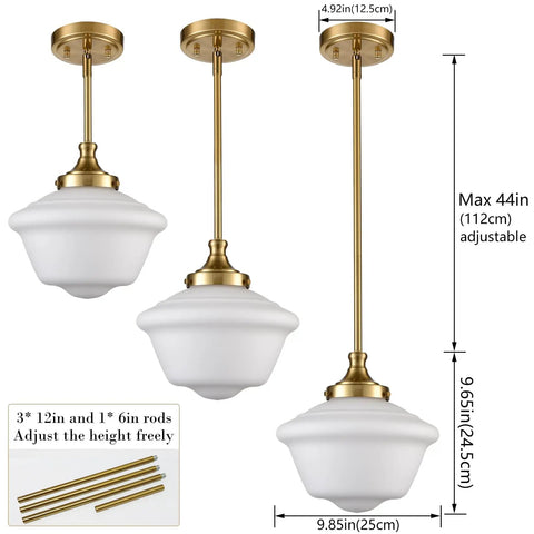 Modern Gold Schoolhouse Pendant Light With White Glass Shade, Adjustable Height Brass Hanging Fixture shown with dimensions