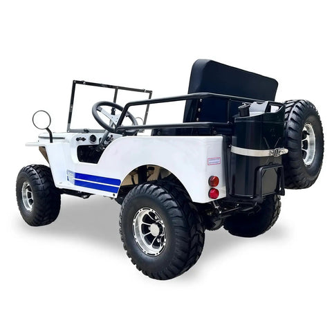 125cc Go Kart With 3 Speed Manual Transmission, Two Seats, Electric And Kick Start, Top Speed 35 MPH, White Blue Rear View