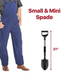 Heavy Duty 31 Inch Shovel With D Handle For Camping And Digging next to man in blue overalls for size comparison