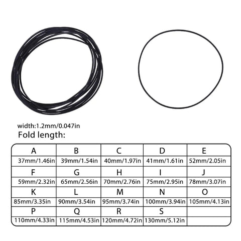 10 Piece Square Rubber Drive Belts Set 1.2mm By 1.2mm Flat Belts Replacement Kit size chart and dimensions display