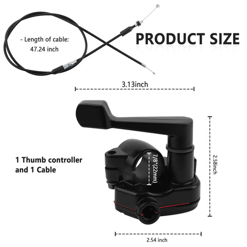 Diagram of Seven Eighths Inch Thumb Throttle Kit With Throttle Cable For Aluminum Motorcycle And Mini Bike, showing dimensions.
