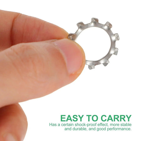 Stainless Steel External Tooth Serrated Lock Washers 280 Pack shown held between fingers for size reference