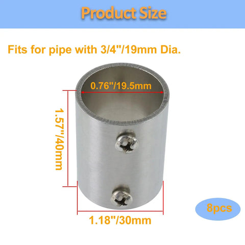 Diagram of One Inch Pipe Fitting Connector Two Way Stainless Steel Rail Fittings For DIY Shelves Garden Supports, dimensions shown.