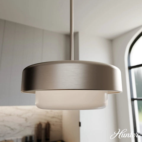 Station 2-Light Brushed Nickel Drum Pendant Light With Dimmable Feature in modern kitchen setting, frosted glass shade.