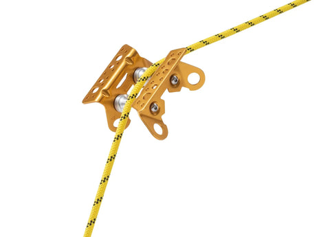 Pro Grade Rope Protector Roller Coaster with Bearing System for Moving Rope, Reversible Design, Industrial Safety Tool on yellow rope