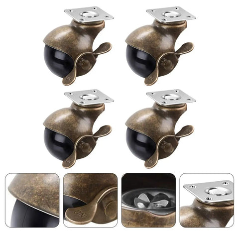 Heavy Duty Vintage Brass Plate Casters, 2 Inch Swivel Ball Wheels For Furniture shown from multiple angles, showcasing the antique brass finish.