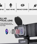 Straight Up Crisp 1080P Full HD Webcam With Dual Echo Busting Mics And 90 Degree Wide Angle View Plug And Play USB Camera showing optical lens and privacy cover.