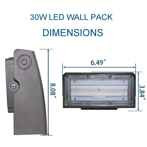 Two Pack 30W LED Wall Pack With Dusk To Dawn Photocell Adjustable Head dimensions and side view