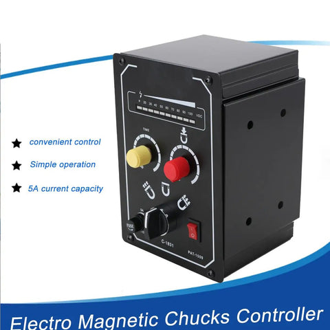 Heavy Duty External Controller For Lathe Electromagnetic Chucks With 0 To 100V DC Adjustable Magnetic Pull And Bright LED Readout showing adjustable controls and 5A capacity.