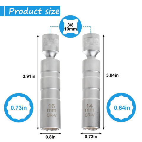 Must Have Pro Grade 14mm And 16mm Spark Plug Socket Set with magnetic sockets and 3/8 inch drive, shown with product dimensions.