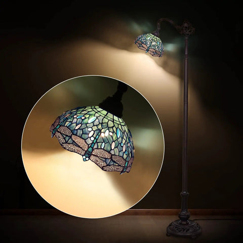 Dragonfly Tiffany Style Floor Lamp With Sea Blue Stained Glass Shade, 61 Inch Tall Arc Reading Lamp, Antique Bronze Base