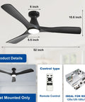 Diagram of 52 Inch Black Low Profile Flush Mount Ceiling Fan With Light 3 Blade Dimmable Remote Control Ultra Quiet DC Motor