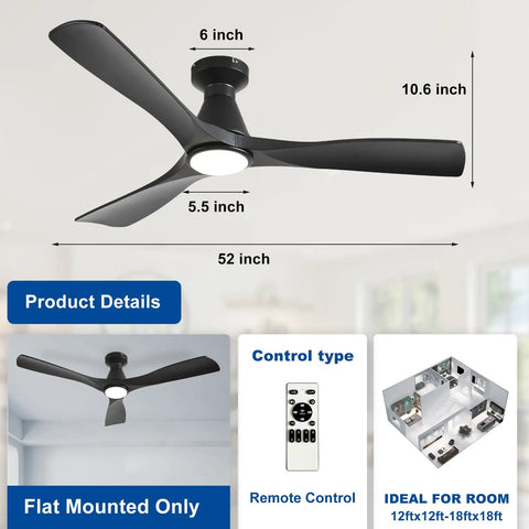 Diagram of 52 Inch Black Low Profile Flush Mount Ceiling Fan With Light 3 Blade Dimmable Remote Control Ultra Quiet DC Motor
