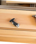 Close-up view of a black rubber T-handle latch from the Three Pack Rubber T Handle Latch Kit For Vehicle Hood Tool Box Camper Trailer.