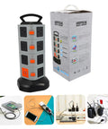 Heavy Duty Usb Power Strip With Secure Outlet Protectors Multi Port Smart Charger on display with packaging, showcasing black and grey design.